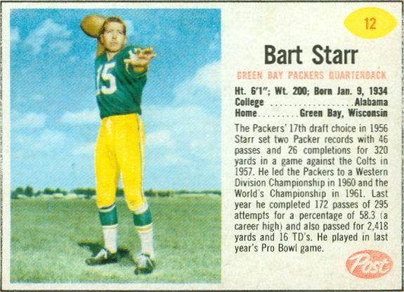 1962 Post cereal football Grape Nuts Flakes 16 oz. #12 Bart Starr
